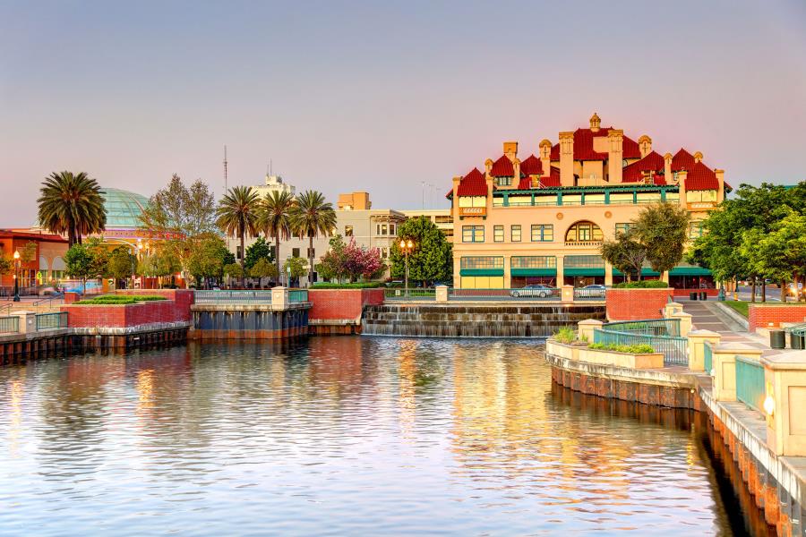 Downtown Stockton at the waterfront during sunset